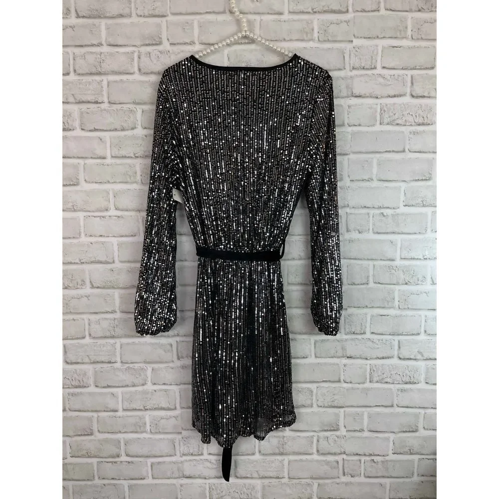 New Boutique Sparkle Black Silver Mini Dress with Velvet Tie Belt Women's Size S